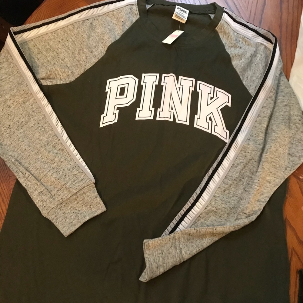 VS PINK CAMPUS LONG SLEEVE TEE SZ LG OLIVE